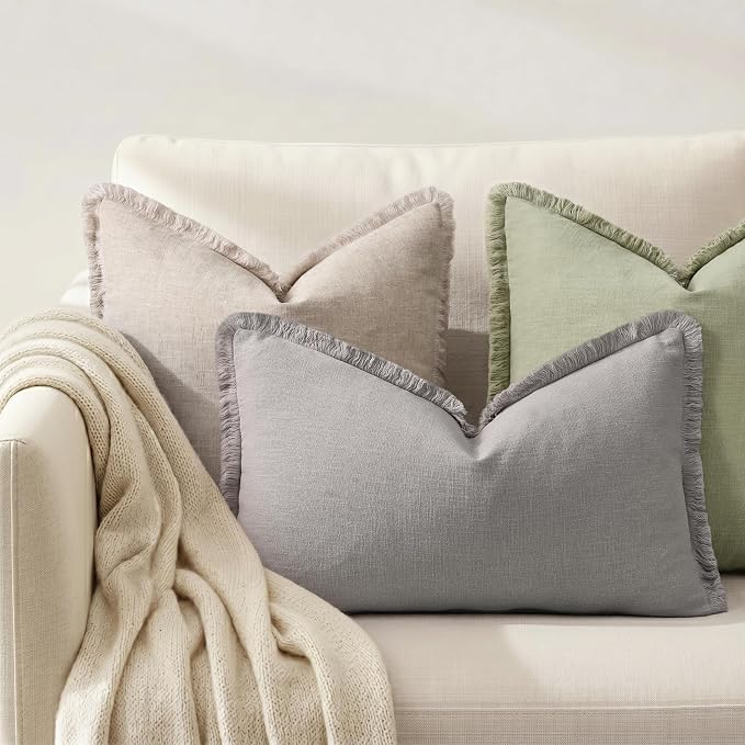 decorUhome Linen Fringe Lumbar Throw Pillow Covers Set of 2 Decorative Light Grey Pillow Covers with Tassels Soft Accent Boho Farmhouse Pillow Cases for Couch Bed Sofa 12x20 Inch