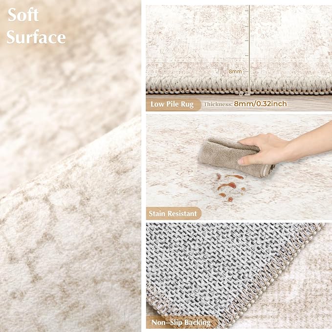 Vintage Living Room Area Rug - 9x12 Large Machine Washable Boho Moroccan Rug Distressed Farmhouse Rugs for Bedroom - Soft Non-Slip Indoor Carpet for Dining Room Office Nursery(Retro Beige, 9'x12')
