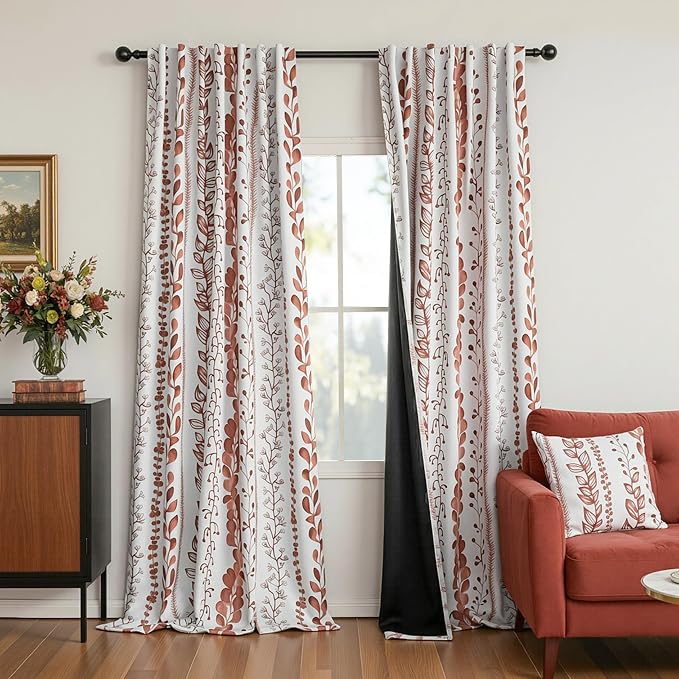 MEETSKY Terracotta Blackout Curtains 95 Inches Long 2 Panels - Burnt Orange Curtains for Living Room Thermal Insulated Rod Pocket Drapes for Bedroom, Leaf Print Window Treatment, 50" Wide