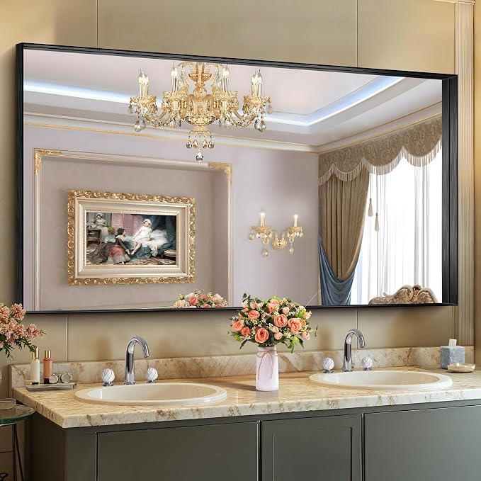 CIRCUMI Black Bathroom Mirror, 30"x60" Rectangular Mirror with Deep Metal Frame, Brushed Finish, Tempered Glass, Large Mirror for Wall, Over 2 Sinks, Installed Vertically/Horizontally, Crystal-Clear