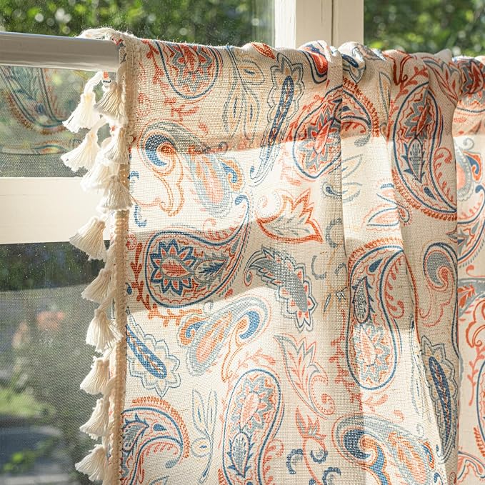 Deeprove Boho Valance 18 Inch Length, Colorful Bandana Terracotta Paisley Print Textured Kitchen Window Small Short Curtan for Cafe Bedroom Farmhouse Ethnic TrimTassel Style Privacy 1 Panel 52W x 18L