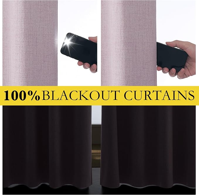 NICETOWN Pink Vintage Linen 100% Blackout Curtains for Living Room, Thermal Insulated Curtains 108“ Long, Noise Reducing Window Treatment Drapes for Home Office, 62" Wide Per Panel, Set of 2