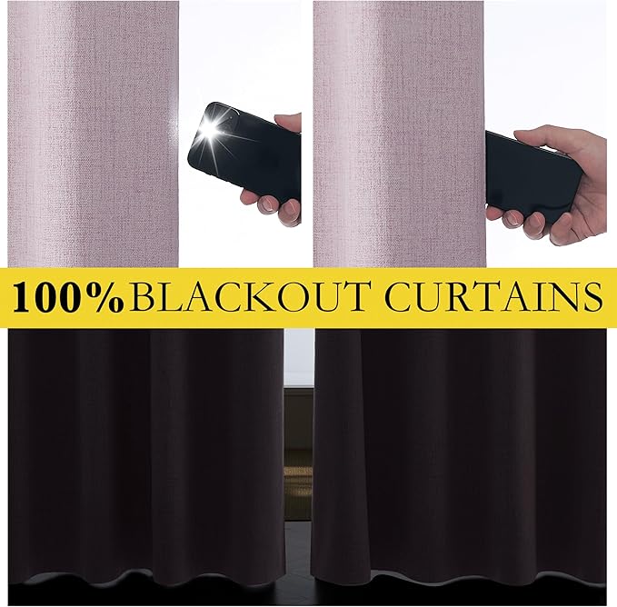 NICETOWN Pink Vintage Linen 100% Blackout Curtains for Dining Room, Thermal Insulated Curtains 54" Long, Noise Reducing Window Treatment Drapes for Kitchen, 42" Wide Per Panel, Set of 2