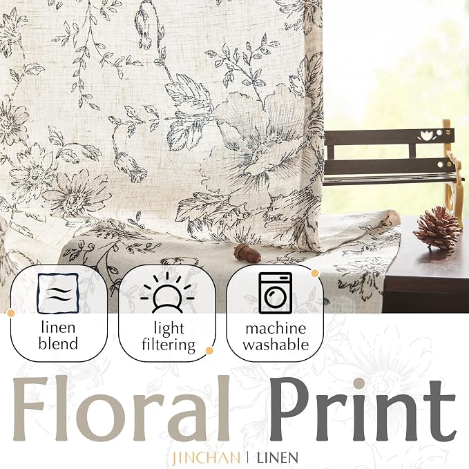 jinchan Linen Floral Curtains 96 Inch Length for Living Room Bedroom Light Filtering Farmhouse Peony Flower Drapes Rustic Window Curtain Set Rod Pocket Back Tab 2 Panels Black