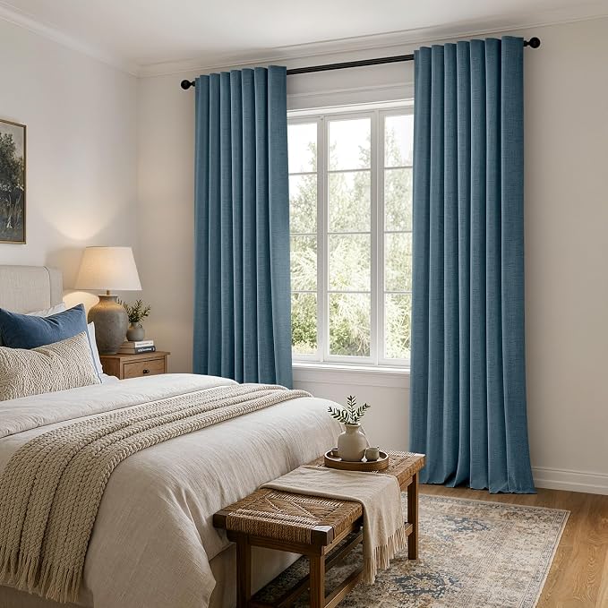 MIULEE 100% Blackout Linen Curtains for Bedroom, Stone Blue Solid Luxury Decor Thermal Insulation Room Darkening Drapes for Living Room Back Tab Rod Pocket 42 x 90 Inches, 2 Panels