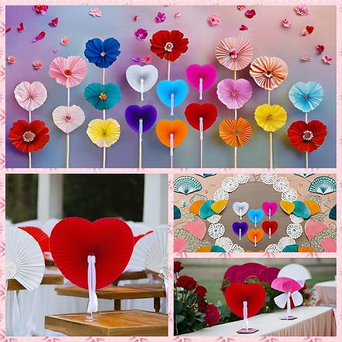 24 Pieces Multicolor Heart Paper Fans | Foldable Handheld Fans for Women,Folding Hand Fans for Wedding,Bridal Guest,Church,Party Favors,Dancing,Birthday,DIY