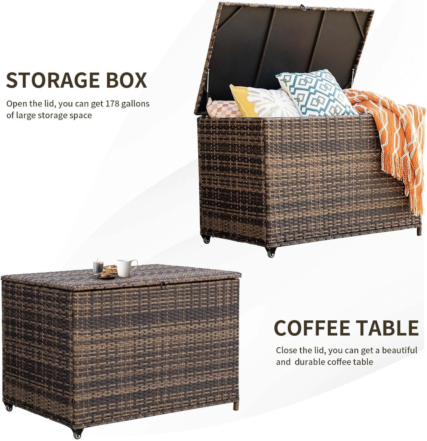178 Gallon Outdoor Storage Box, Handle Large Portable Wicker Rattan Deck Box for Patio Furniture Cushions, Patio Deck Box with 2 WheelsThrow Pillows, Garden Tools and Pool Floats (Brown)
