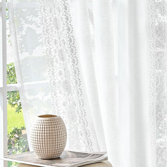 jinchan Weslie Floral White Sheer Curtains for Bedroom 63 Inch Long Embroidered Voile Farmhouse Linen Curtains for Living Room Bordered Flower Patterned Cottage Core Window Drapes 2 Panels Off White