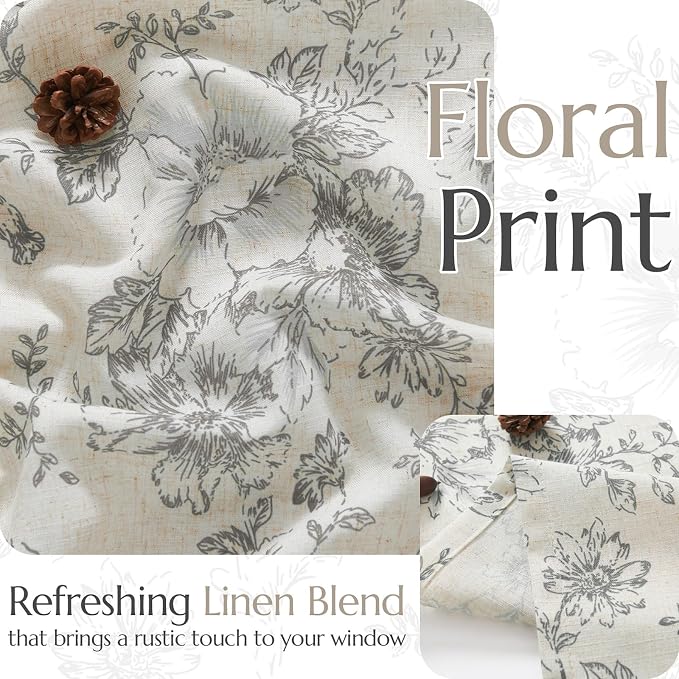 jinchan Floral Linen Tier Curtains 45 Inch Farmhouse Botanic Cafe Drapes for Small Windows Rustic Half Window Curtains for Kitchen Living Room Bathroom Laundry 2 Panels Grey on Beige