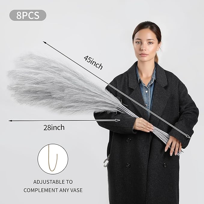 Wertuirk Silver Pampas Grass Decor, 8 Pcs 45 Inch Tall Large Faux Pompous Grass, Long Artificial Flowers for Floor Vases, Wedding Centerpieces, Baby Shower and Home Decoration (Silver)