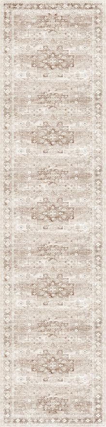 Hazo Haus Washable 3x12 Long Runner Rug for Hallway, Boho Waterproof Large Kitchen Floor Rug, Non-Slip Stain & Fade Resistant, Vintage Beige Floral Décor (3x12 Beige/Latte)