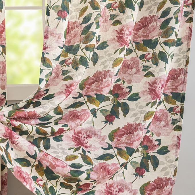 ALIGOGO Floral Printed Curtains 72 Inch Length - Vibrant Pink Floral Curtains for Bedroom Aesthetics Linen Grommet Privacy Colorful Peony Window Drapes 2 Panels, 50 x 72 Inch, Pink