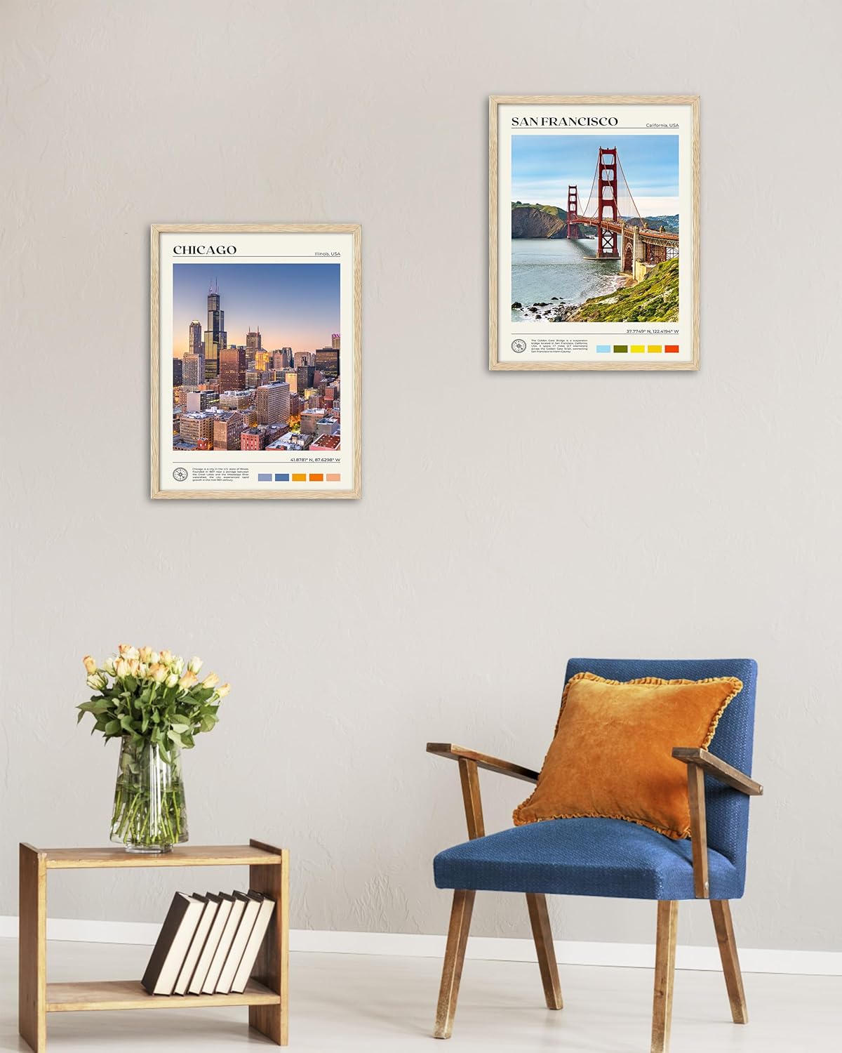 HesenDot Natural OAK Wood Chicago Cityscape Framed Wall Art,12x16in City Skyline Canvas Wall Print,Modern Urban Landmark Wall Decor for Living Room,Bedroom,Office Gallery Gifts Set of 1