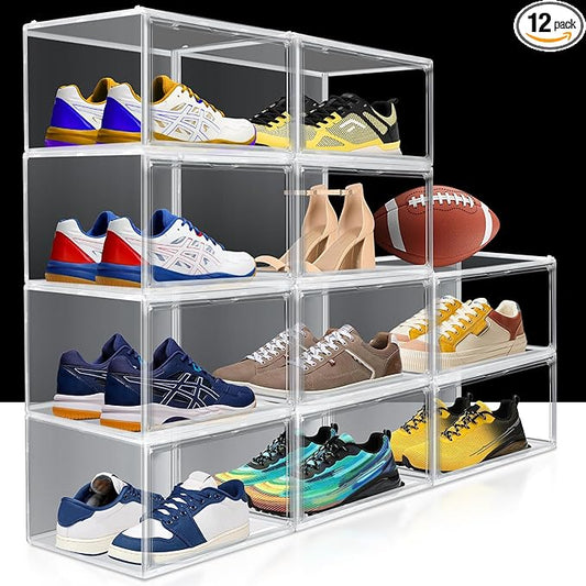12 Pack Sneaker Boxes Clear Plastic Stackable Shoe Box Size 12.5, Transparent Display Case with Magnetic Acrylic Door, Dustproof Storage Bins for Closet, Over the Door Shoe Organizer