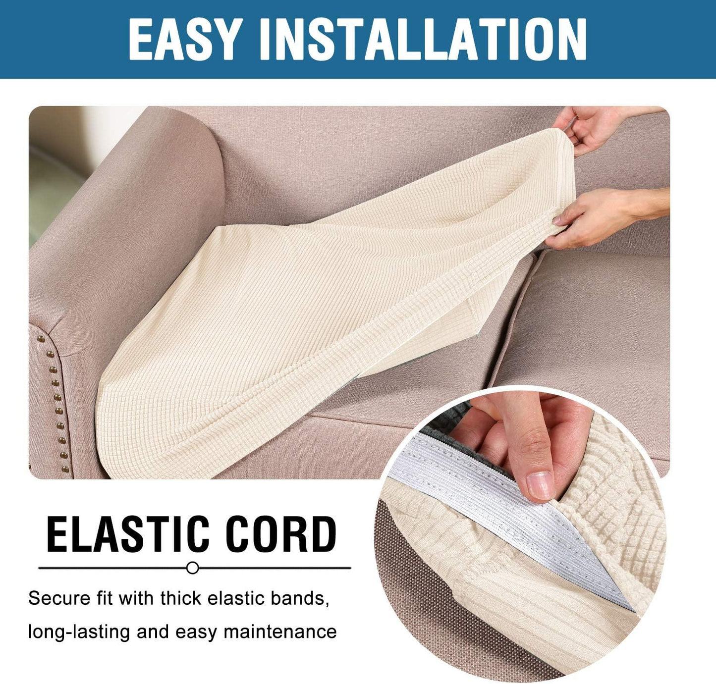 H.VERSAILTEX Super Stretch Individual Seat Sofa Covers Couch Slipcover Sets Thick Jacquard Textured Twill Fabric (3 Piece XL Sofa Cushion Covers, Natural)