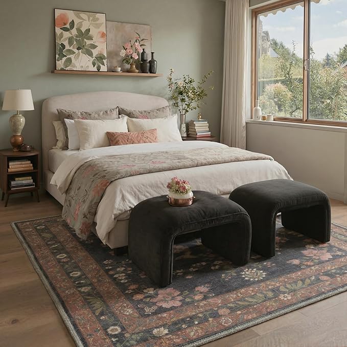 GENIMO 5x7 Area Rugs for Living Room, Machine Washable Non Slip Vintage Rugs, Low Pile Lightweight Chenille Print Rug for Bedroom, Dining Room, Home Office, Dusty Charcoal