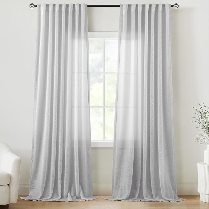 Grey Textured Curtains 102 inch Long 2 Panels for Living Room Modern Farmhouse Soft Fluff Curtains Back Tab Shabby Chic Boho Curtain Semi Sheer Nursery Kids Aesthetic Elegant Drape 52x102 Length