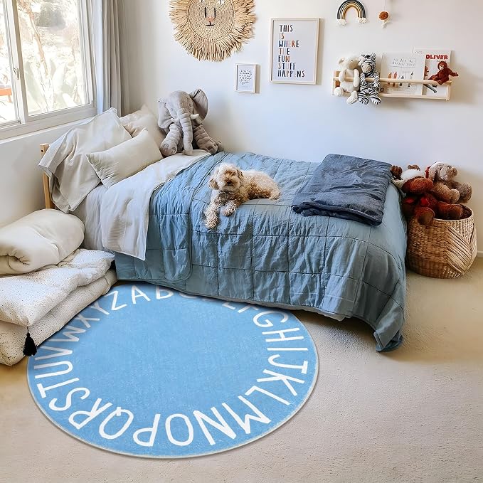 Topotdor Round ABC Area Rug,63 Inch Soft Floor Carpet,Sky Blue | Washable Alphabet Circle Rug,Non Slip Floor Mat Ideal for Bedrooms,Kids Rooms,Classrooms