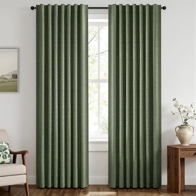 MIULEE 100% Blackout Linen Curtains for Bedroom, Olive Green Solid Luxury Decor Thermal Insulation Room Darkening Drapes for Living Room Back Tab Rod Pocket 42 x 84 Inches, 2 Panels