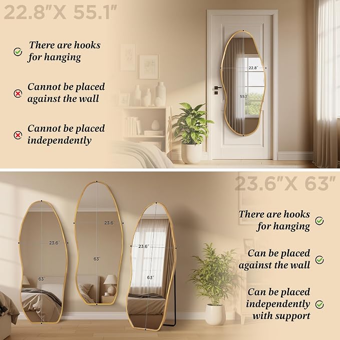 Dorlicecass Mirror Full Length - Irregular Full Body Wall Mirror Hanging 55"x 23" Asymmetrical Aviation Aluminum Alloy Frame Unique for Bedroom, Living Room, Cloakroom, Entryway