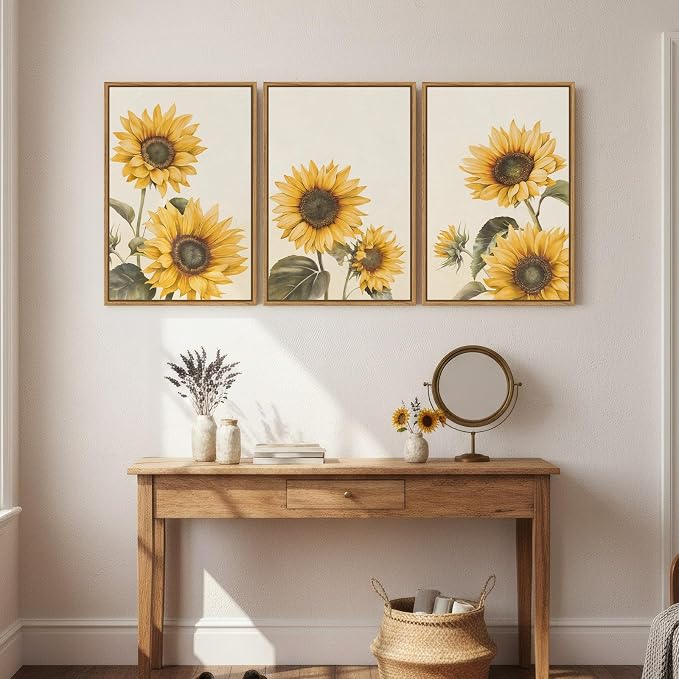 3 Piece Large Framed Floral Sunflower Wall Art for Bedroom, Farmhouse Rustic Botanical Canvas Paintings Prints, Yellow Flower Picture Artwork Wall Decor for Living Room kitchen Hallway 16x24 Inch