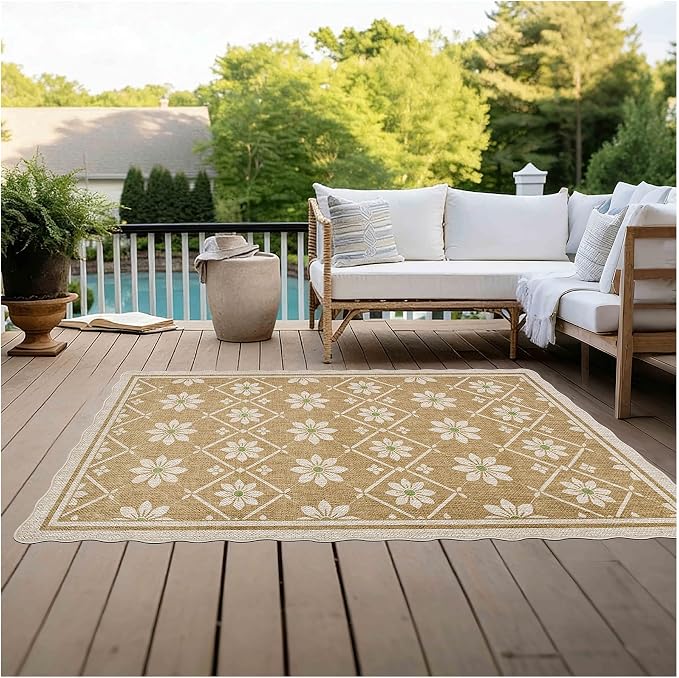 ORTIGIA Scalloped Easy Jute 3x5 Area Rug Boho Vintage Brown Floral Farmhouse Washable Rug Non-Slip Indoor Outdoor Carpet for Living Room Bedroom Kitchen Patio Entryway