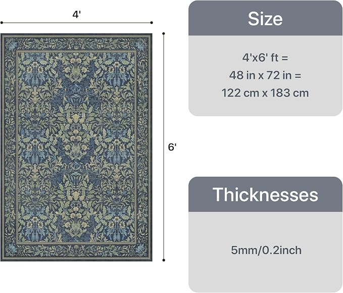GENIMO 4x6 Washable Area Rug for Bedroom, Non Slip, Dark Blue | Vintage Boho Floral Low Pile Thin Carpet for Bedroom, Dining Room, Nursery, Indoor Decor