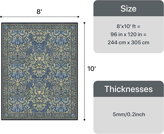 GENIMO 8x10 Washable Area Rugs for Living Room, Non Slip, Dark Blue | Vintage Boho Floral Low Pile Thin Carpet for Bedroom, Dining Room, Nursery, Indoor Decor