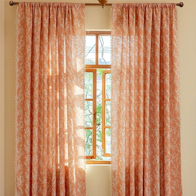 OYX Orange Floral Curtains 63 Inch Long 2 Panels, French Vintage Farmhouse Patterned Decor Window Drapes with Tassels, Girls Semi-Sheer Light Filtering for Bedroom Living Room (Rod Pocket, 52Wx84L)