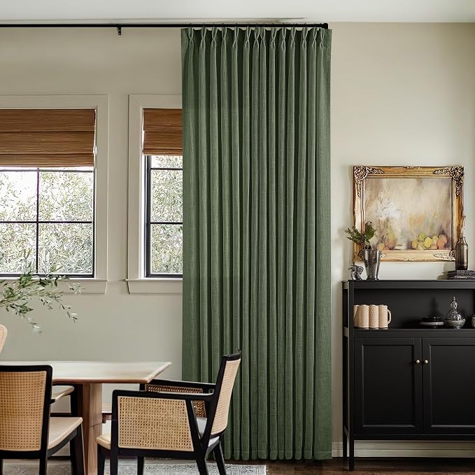 TWODRAPES Olive Green Pinch Pleated Linen Curtains 92 Inches Long 2 Panels for Living Room Bedroom Semi Sheer Pinch Pleat Drapes with Hooks Rings Boho Farmhouse Light Filtering Window Curtain 40x92