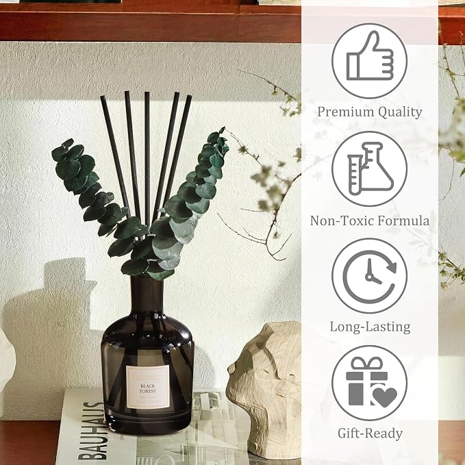 COCORRÍNA Black Forest Reed Diffuser – 6.76 oz Essential Oil with 8 Reeds & Real Eucalyptus Sticks, Home Fragrance for Bedroom or Bathroom Décor