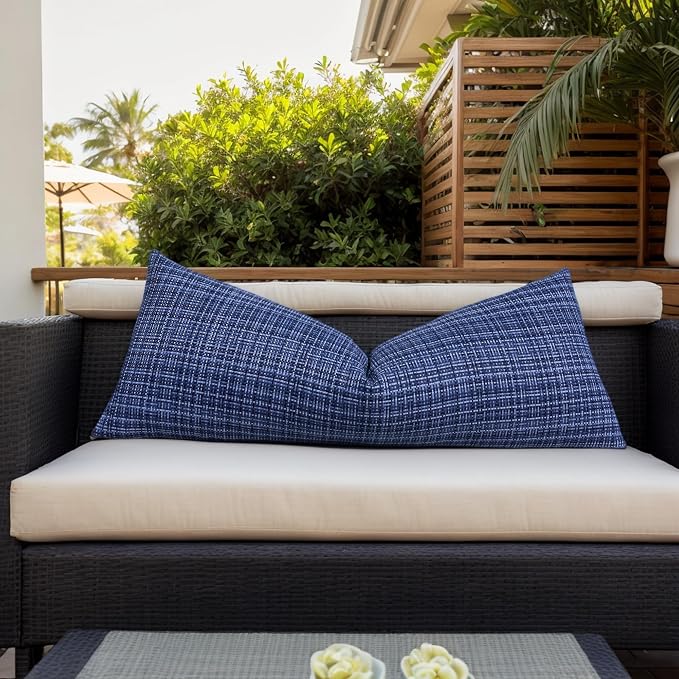 Kevin Textile Outdoor Waterproof Throw Pillow Covers 14x36 Inch Pack of 1 Woven Faux Linen Decorative Water Resistant Long Body Lumbar Cushion Covers for Tent Patio Garden Couch Sofa Navy Blue