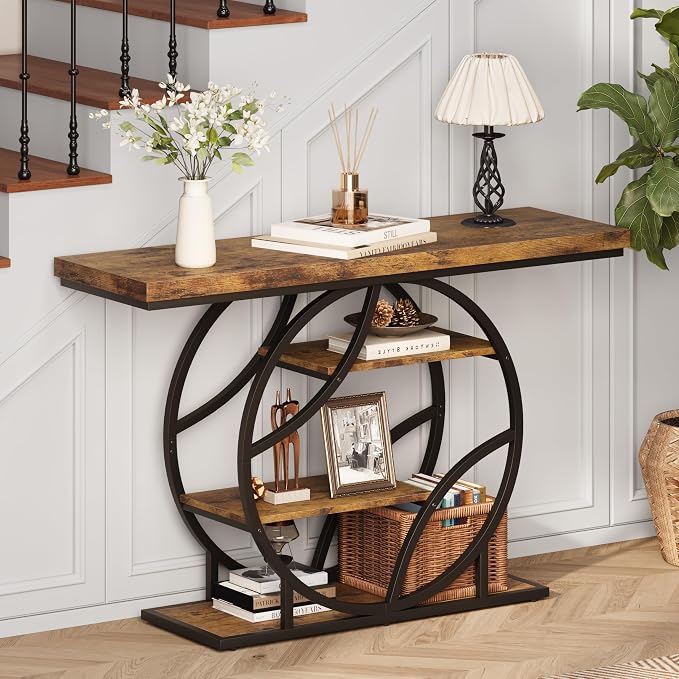Entryway Table for Foyer,47.2 Inch Industrial Narrow Console Table,Accent Decor Living Room Furniture,Hallway & Sofa Table for Entrance,4-Tier Storage Shelves,Metal Frame,Thick Wood Top