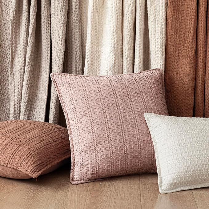 Foindtower Set of 2 Decorative Cotton Waffle Weave Throw Pillow Covers Euro Shams Cushion Covers Accent European Pillowcase for Bed Couch Sofa Bedroom Living Room Home Decor 22×22 Inch Dusty Pink
