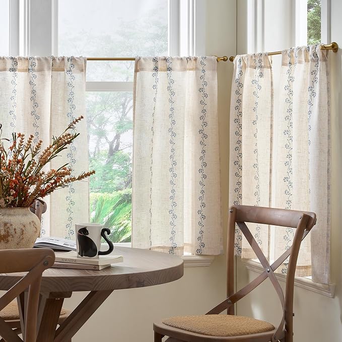 jinchan Katy Linen Floral Kitchen Curtains 24 Inches Length Stripe Cafe Curtains Farmhouse Cottagecore Tier Small Window Drapes for Living Room Light Filtering Rod Pocket 2 Panels Blue on Linen