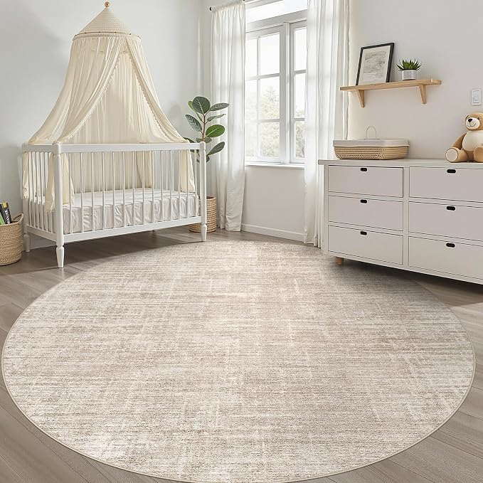 8ft Round Rug Living Room: 8x8 Washable Large Neutral Beige Circle Area Rug Abstract Soft Modern Stain Resistant Indoor Floor Non-Slip Carpet for Bedroom Nursery Kids Office Playroom Dining Room