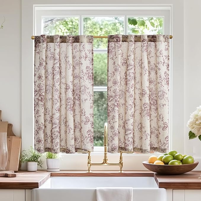 jinchan Linen Floral Tier Curtains 36 Inch Farmhouse Botanic Cafe Curtains Light Filtering Drapes for Small Windows Back Tab Half Window for Kitchen Living Room Bathroom 2 Panels Red