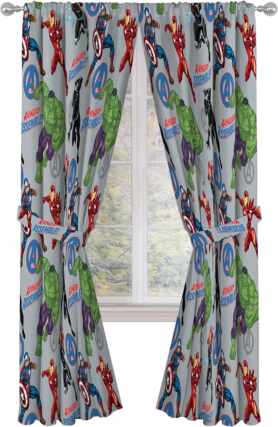 Jay Franco Window Curtains for Kids Bedroom 4-Piece Drape Set with 2 Tiebacks, Grey - Avengers, 42" W x 84" L (Pack of 2)