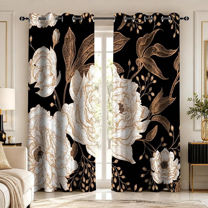 Boho Floral Blackout Curtain, Black Gold Flowers Aesthetic Art Curtains Darkening Thermal Insulated Grommet Window Drapes for Living Room Bedroom Decor 2 Panels 52x84 Inches
