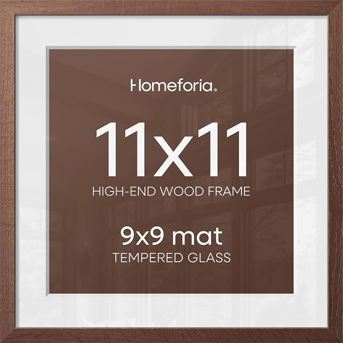 Homeforia 11x11 Picture Frame Brown, High-End Dark Oak 11 x 11 Square Brown Wood Frames with Mat 9 by 9 Photo, 11by11 Wooden Walnut Poster Frame Matted to 9x9 Print, Tempered Glass, Wall Kit, Set of 1