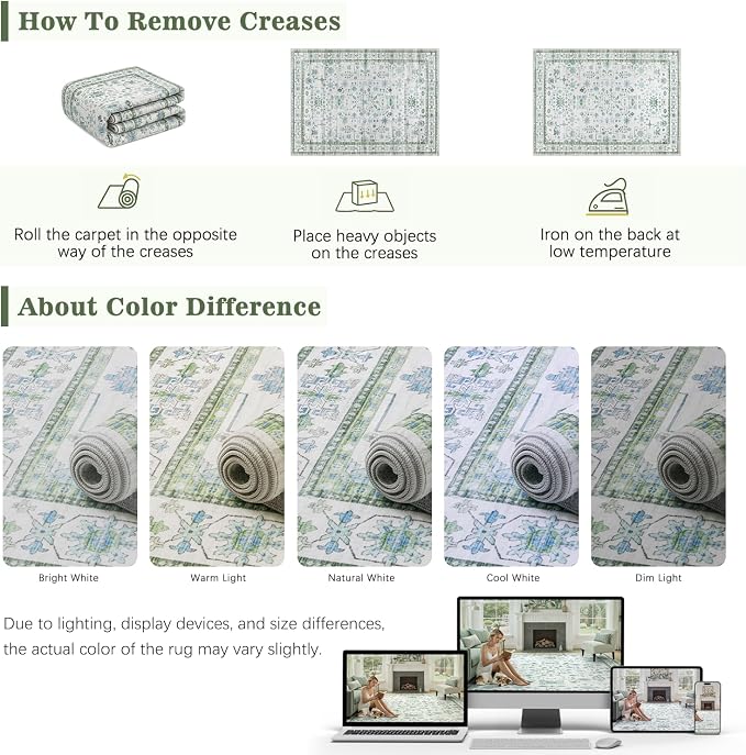 DCX 2x6 Runner Rug, Small Vintage Boho Area Rug, Washable Non Slip Rug Runner Carpet for Kitchen Floor, Hallway, Laundry, Bedroom Low Pile Soft Pastel Runner Green and Cream