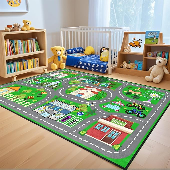 Car Rug Play Mat 5x7 Feet - Green Road Rug for Kids Boys Room, Fun Race Track Traffic Road Carpet for Boys Playmat Educational Learn, Car Carpet for Kids Room Decor Playmat Bedroom Playroom