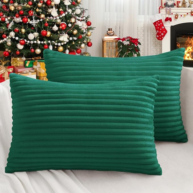 Simmore Decorative Fall Throw Pillow Covers 12x20 Set of 2, Soft Natural Plush Flannel Double-Sided Fluffy Rectangle Pillow Covers for Couch Sofa Living Room, Green