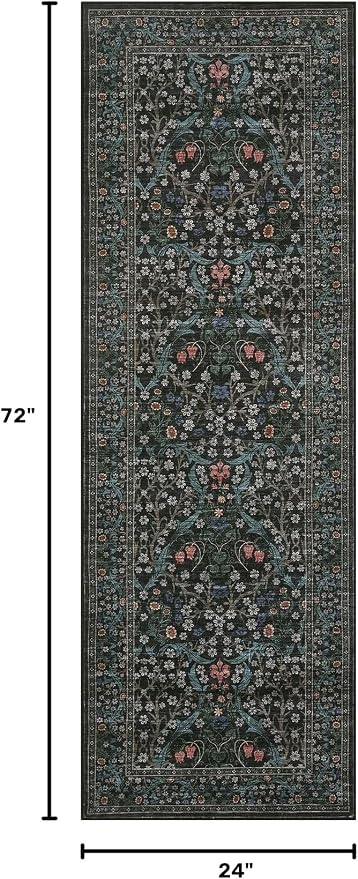 GarveeHome Washable Kitchen Runner Rug, Floral 2x6 Rug for Hallway Non Slip Stain Resistant, Ultra-Thin Boho Soft Hallway Rug Botanical Carpet for Entryway, Laundry Room, Bathroom Dark Black