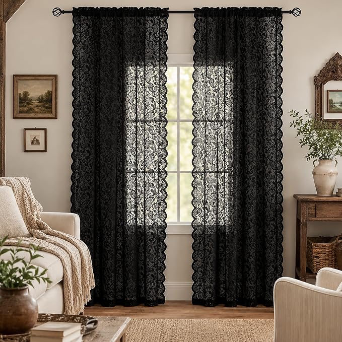 ALIGOGO Black Sheer Lace Curtains 96 inches Long Victorian Gothic Curtain Panels with Paisley Floral Patterns Retro Curtains for Living Room Halloween Decor Set of 2 52 x 96 Inch Black