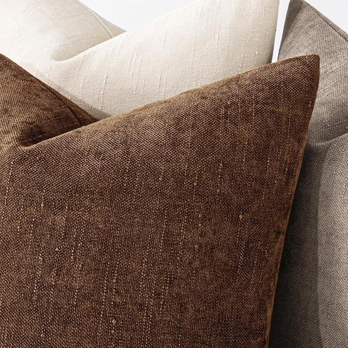 MIULEE Pack of 2 Decorative Throw Pillow Covers Soft Chenille Throw Pillows Solid Neutral Farmhouse Textured Cushion Covers for Couch Sofa Bedroom Living Room 18x18 Inch,Honey Brown