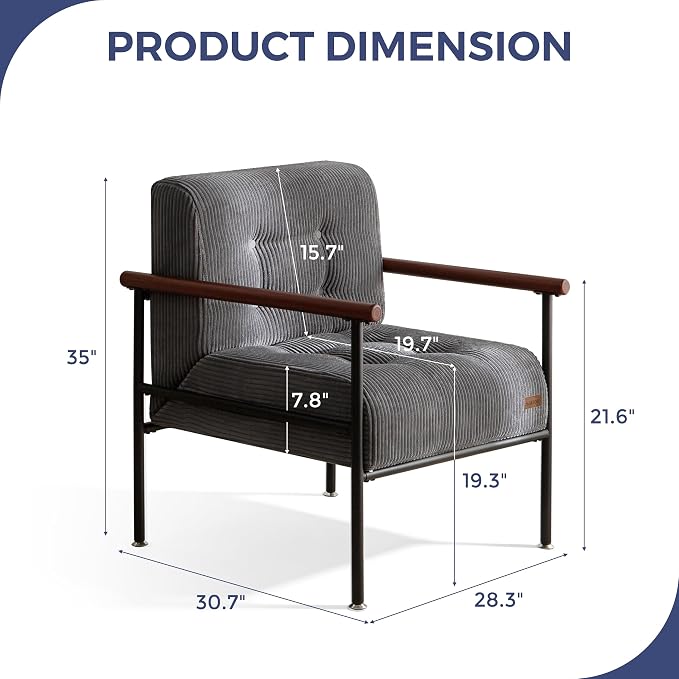 MAXYOYO Living Room Accent Chair, Modern Chair with Metal Frame | Upholstered Reading Chair Modern Living Room Chair with Support Cushion for Bedroom Balcony Porch, Dark Grey
