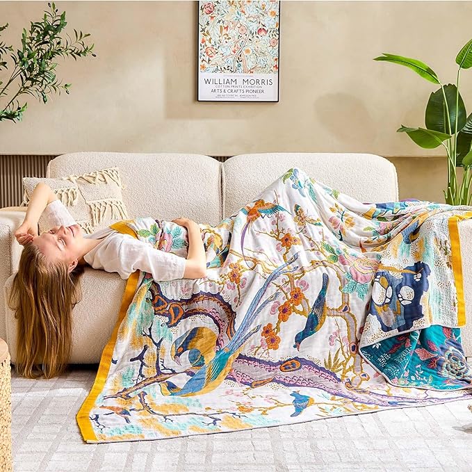 XIBLC Fall Throw Blanket for Couch, Yellow Boho Decorative Throw Blanket, 100% Cotton Muslin Breathable Woven Farmhouse Blankets Quilt, 50"x60" Reversible Lightweight Blankets Bohemian Throw Quilt