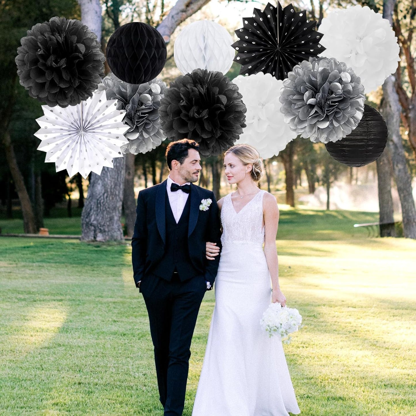 Black White Silver Party-Decorations Streamers-Lanterns - 14pc New Years Graduation 2025 Paper Fan, Bachelorette Birthday Wedding Baby Bridal Shower Tissue Pom Poms,Honeycomb Balls Decor Ouruola