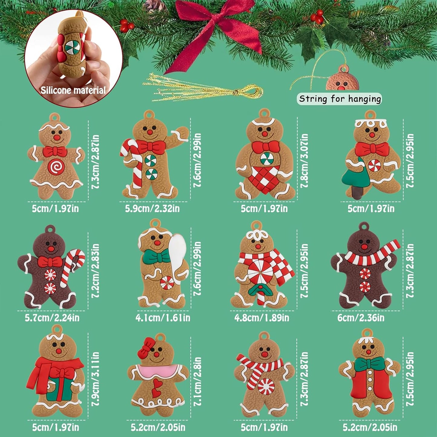 12pcs Gingerbread Man Ornaments for Christmas Tree, Assorted Gingerbread Figurines Ornaments, Christmas Tree Hanging Decorations, 3 Inch Tall
